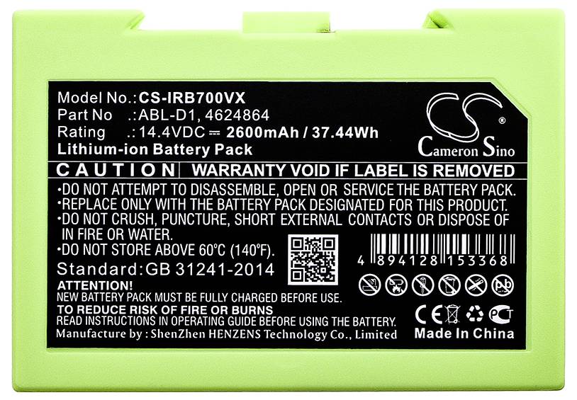 Grüner Lithium-Ionen-Akku. Modellnummer: CS-IRB700VX. Spannung: 14,4VDC. Kapazität: 2600mAh, 37,44Wh. Warnhinweise und Herstellerangaben.
