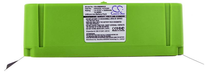 Grüner Lithium-Ionen-Akku mit Etikett, auf dem Spezifikationen wie Modellnummer, Kapazität und Markenlogo angegeben sind.
