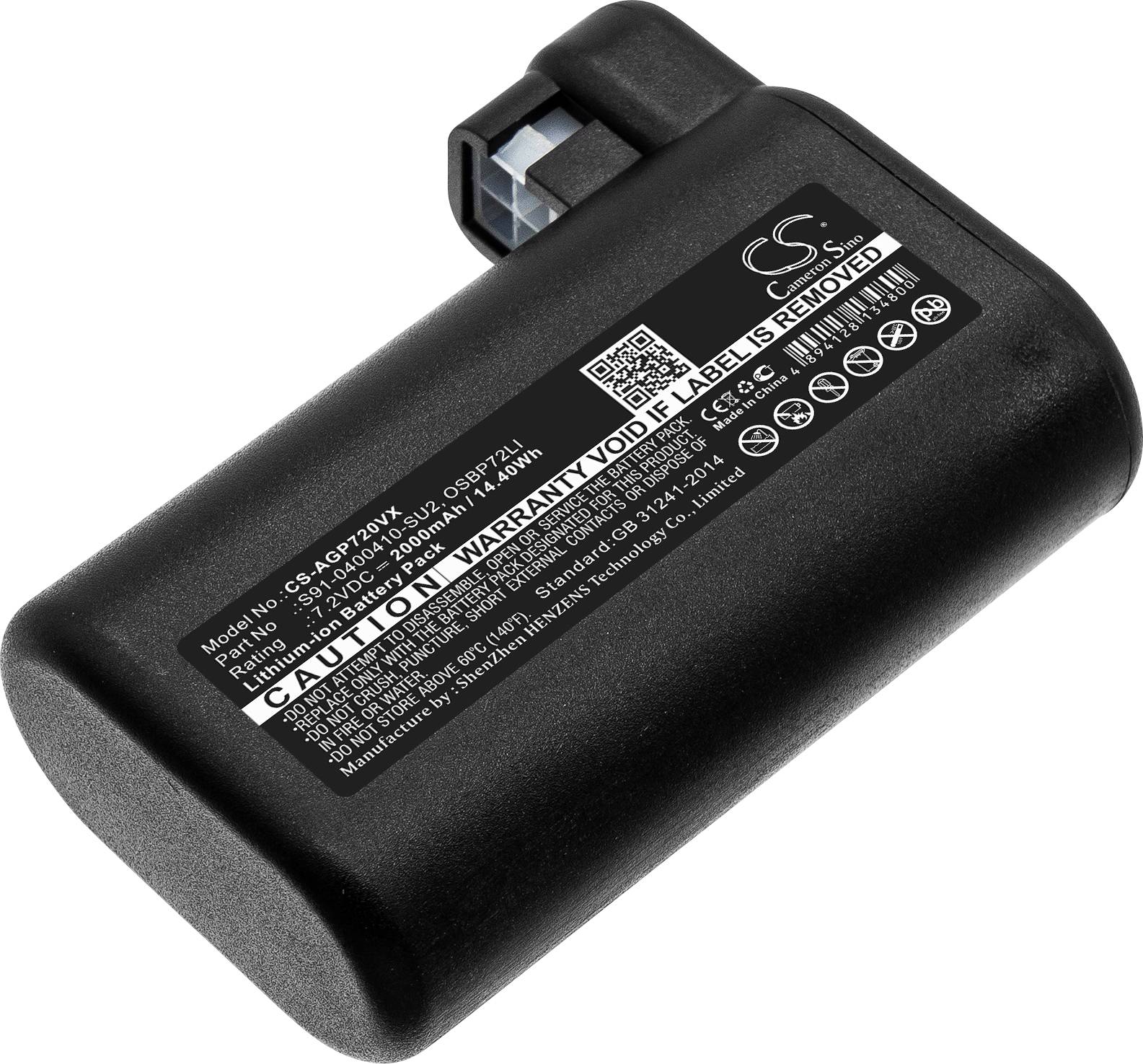 Schwarzer Lithium-Ionen-Akku mit Warnhinweisen und technischen Details auf einem Etikett.