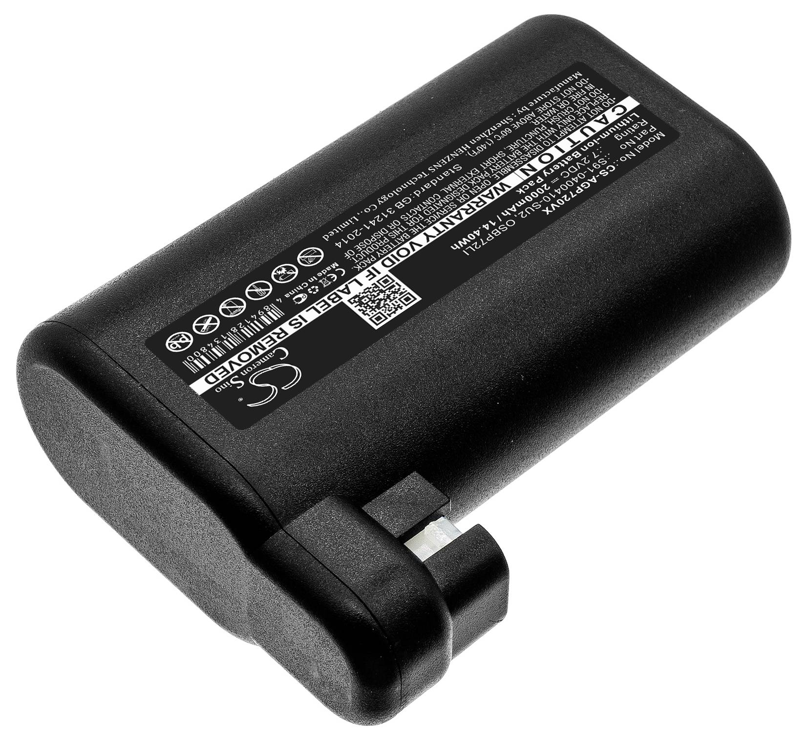 Schwarze Batterie mit weißem Etikett, das technische Details und Sicherheitsinformationen in kleinem Text enthält.