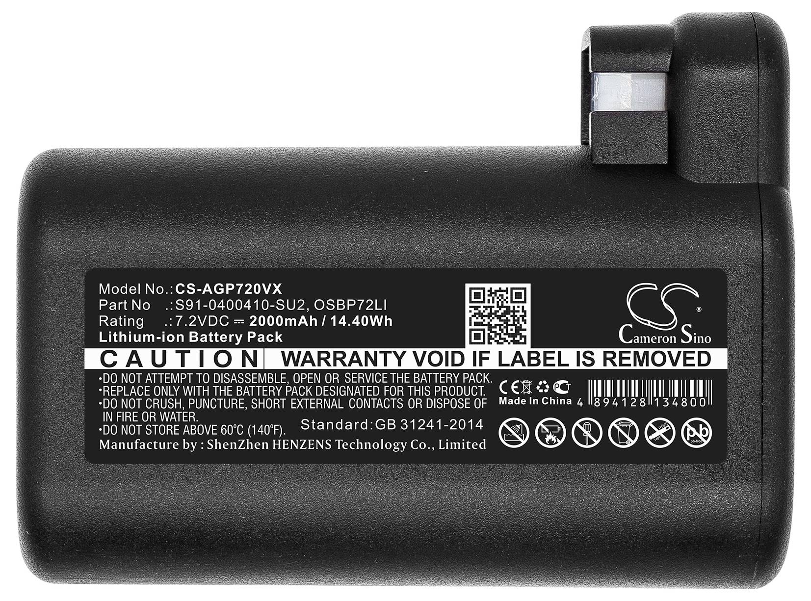 Schwarzer Lithium-Ionen-Akku mit Etikett: Modellnummer, Teile-Nr., Kapazität 2000mAh, 14,4Wh. Warnhinweise: Garantie bei Label-Entfernung ungültig.
