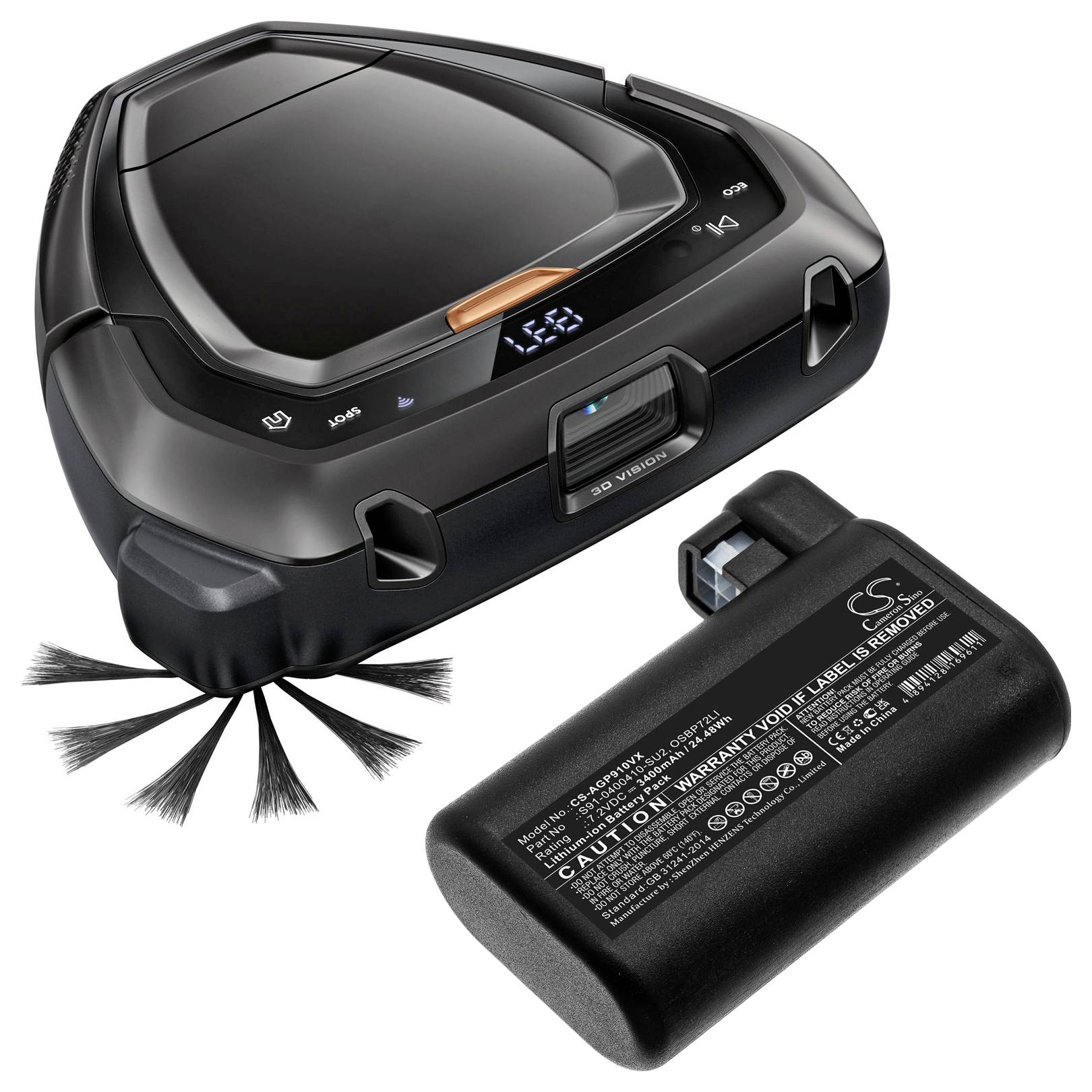 Ein dreieckiger Saugroboter mit einer runden Bürste an der Vorderseite, daneben ein herausnehmbarer Akku mit aufgedruckten technischen Details.