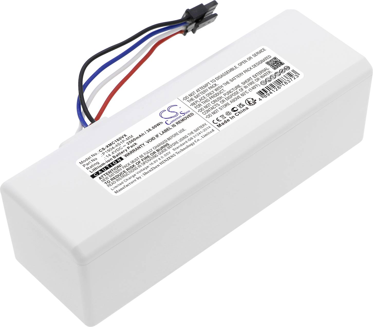 Rechteckiger weißer Akku mit drei farbigen Kabeln (rot, blau, schwarz) und Etikett mit technischen Spezifikationen und Warnhinweisen.