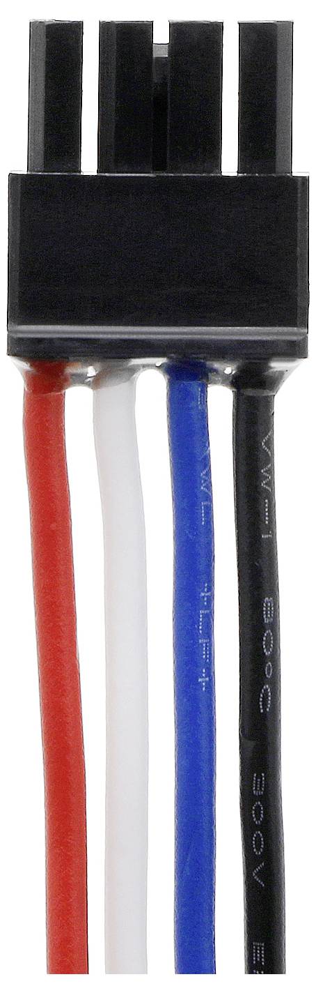 Schwarzer elektrischer Steckverbinder mit vier bunten Kabeln: rot, weiß, blau und schwarz.