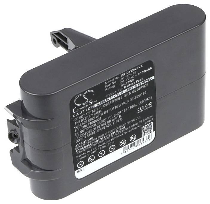 Ein schwarzer Lithium-Ionen-Akku mit aufgedruckten technischen Spezifikationen und Warnhinweisen.