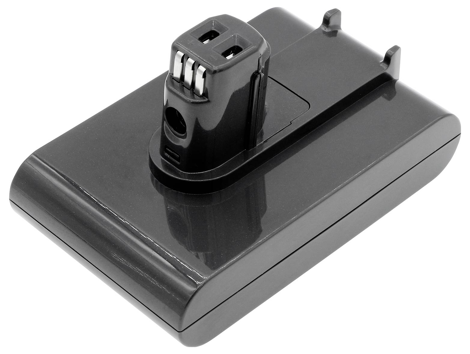 Ein schwarzer Akkupack für ein elektronisches Gerät, rechteckige Form mit Steckanschluss oben, positioniert auf einer glatten Oberfläche.