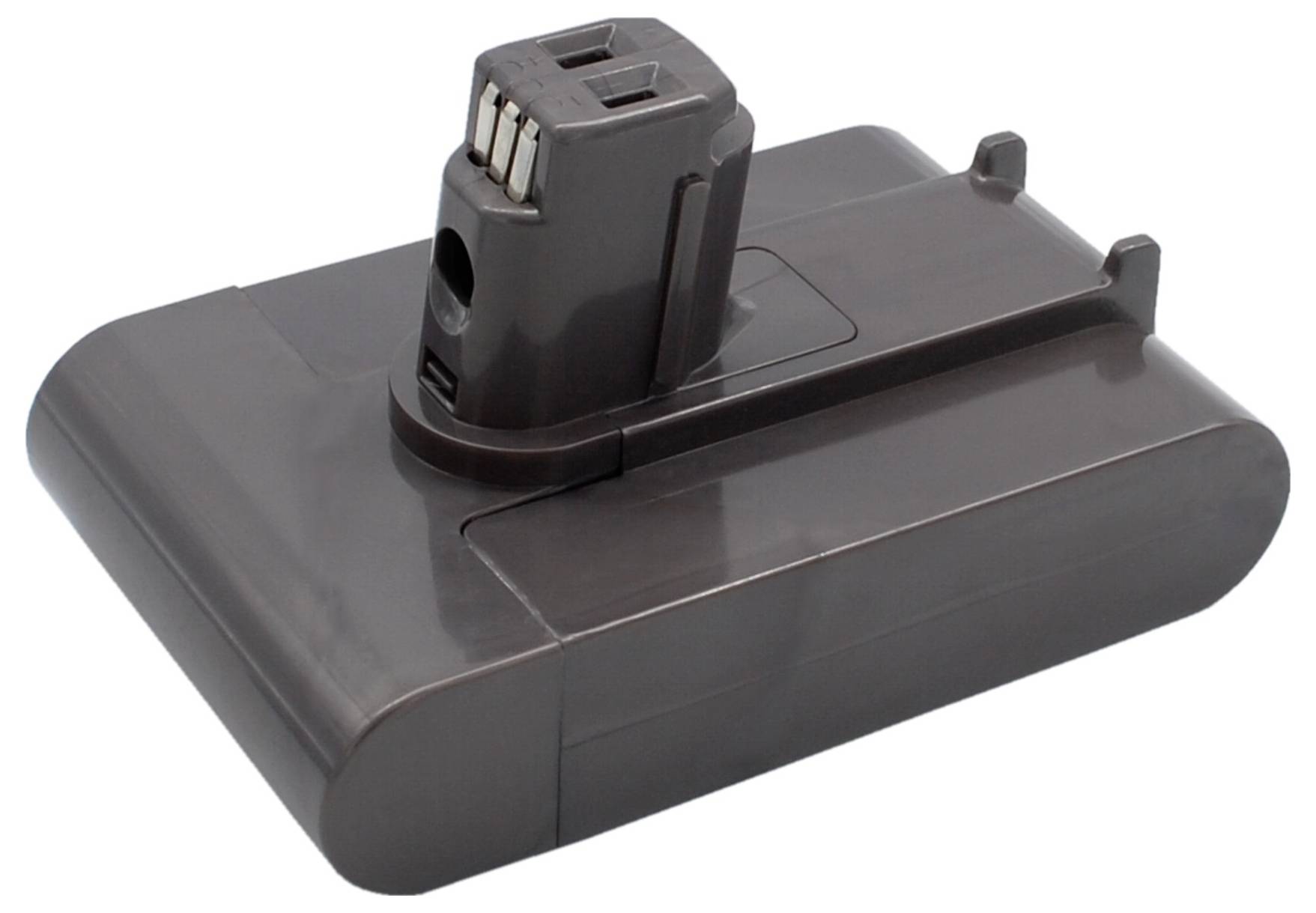 Ein brauner, rechteckiger Akkupack für einen Staubsauger mit Kontakten an der Oberseite, wahrscheinlich ein Ersatzteil.