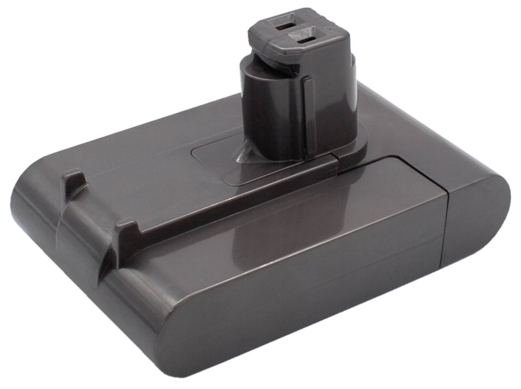 Ein rechteckiger, schwarzer Akkupack mit einem Anschluss oben, geeignet für Staubsauger, auf weißem Hintergrund.