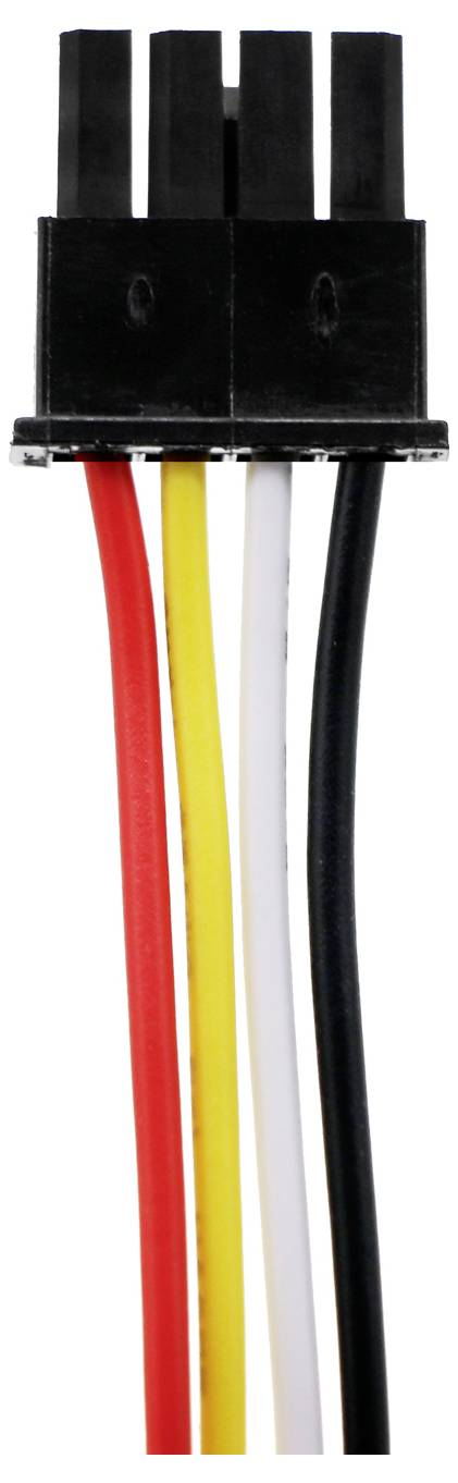 Nahaufnahme eines 4-poligen Lüftersteckers mit schwarzem Gehäuse und rotem, gelbem, weißem, und schwarzem Kabel.