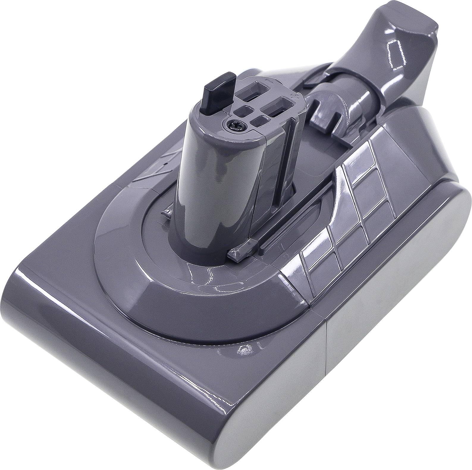Grauer Akku mit rechteckiger Basis und einem herausragenden Adapter, geeignet für schnurlose Staubsaugergeräte.