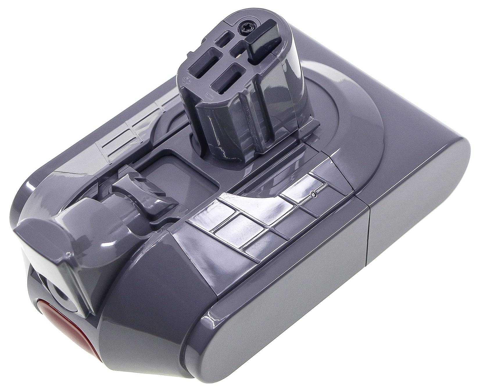 Ein grauer Staubsauger-Akku mit kompatibler Steckverbindung, dargestellt aus der Vogelperspektive, auf weißem Hintergrund.