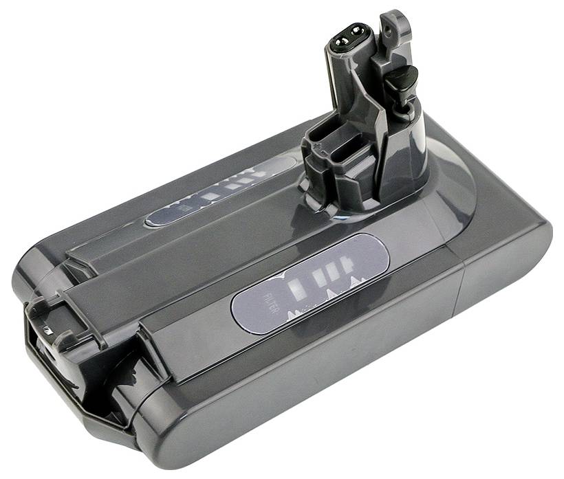 Ein grauer, rechteckiger Akkupack für einen Staubsauger, mit Anschlussklemmen und einer Anzeige auf der Oberseite.
