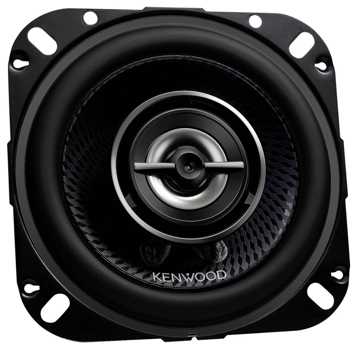 Schwarzer Kenwood-Lautsprecher in quadratischer Form mit runden Kanten und sichtbarem Metallgitter in der Mitte.