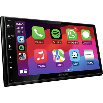 Ein Auto-Multimedia-Bildschirm mit verschiedenen App-Icons, darunter Telefon, Spotify, WhatsApp, Nachrichten, Musik, Karten und Waze.