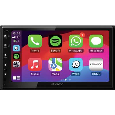 Touchscreen-Autoradio-Menü mit Apps: Telefon, Spotify, WhatsApp, Nachrichten, Musik, Karten, Waze. Signalstärke und Uhrzeit oben links.
