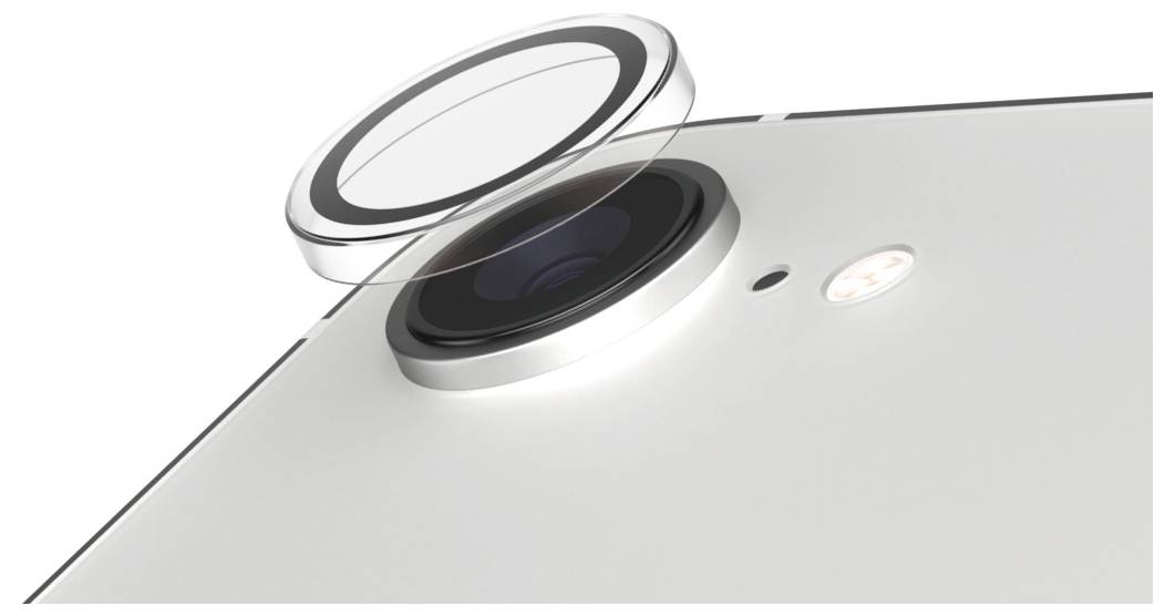 Nahaufnahme einer Smartphone-Kamera mit abgenommenem Objektivdeckel; zeigt das Objektiv und einen LED-Blitz.
