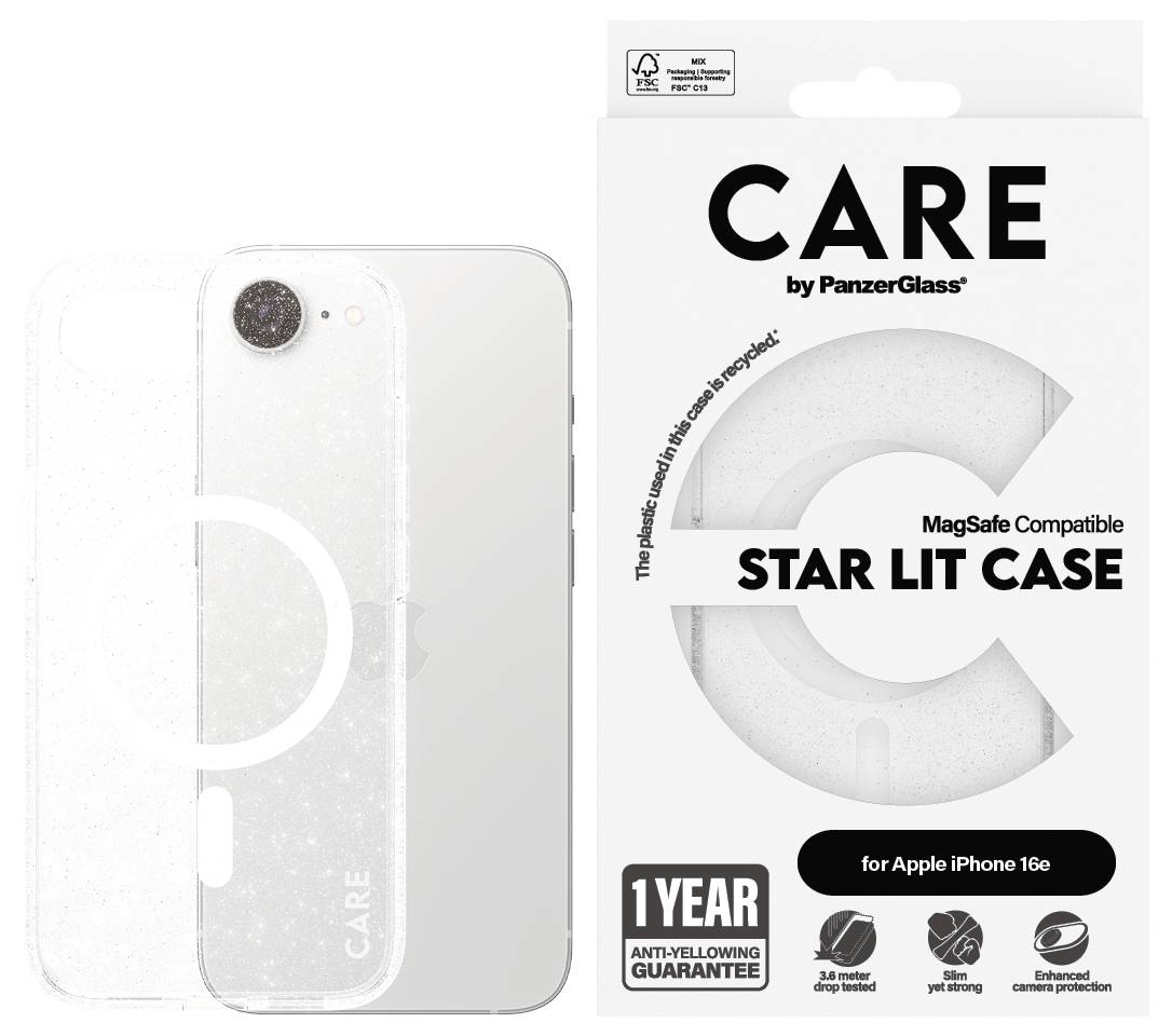 Hülle von PanzerGlass, kompatibel mit MagSafe für iPhone 16e. Transparenter Schutz, verbessert Anti-Yellowing und Kamera.