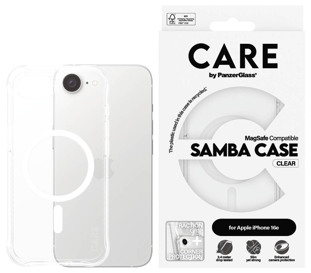 Durchsichtige PanzerGlass Samba-Hülle mit MagSafe-Kompatibilität für iPhone 16e, bietet Kantenschutz und Griffigkeit.