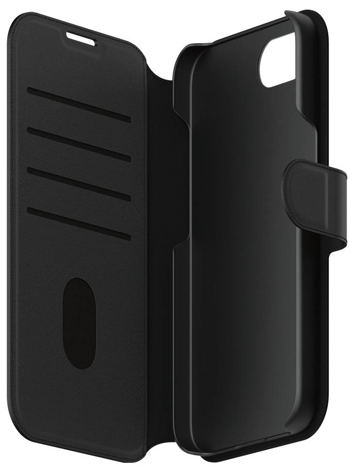 Eine schwarze Handyhülle aus Kunststoff mit Klappdeckel und Kartenschlitzen. Sie bietet Schutz und Aufbewahrungsmöglichkeiten für Karten.