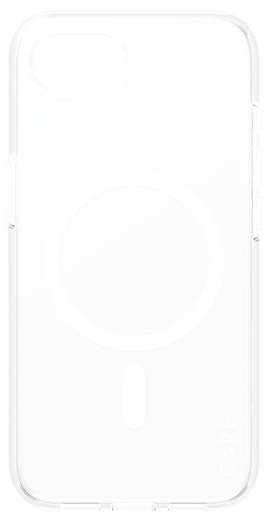 Transparente Handyhülle mit kreisförmigem MagSafe-Symbol in der Mitte.