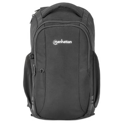 Schwarzer Rucksack mit mehreren Fächern, Reißverschlüssen und dem Logo 'manhattan' auf der Vorderseite.