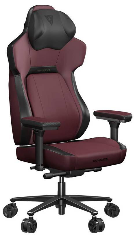 Eleganter dunkelroter Gaming-Stuhl mit schwarzen Akzenten und Rollen.