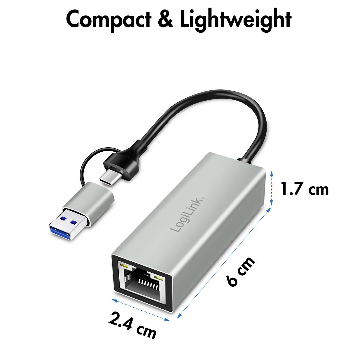 'Kompakt & Leicht': USB-zu-Ethernet-Adapter von LogiLink, Maße: 6 cm x 2,4 cm x 1,7 cm, zeigt USB- und Ethernet-Anschlüsse.