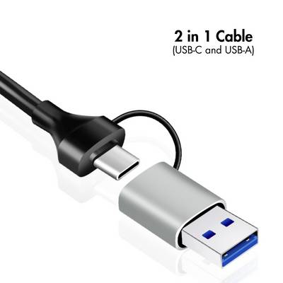 Ein 2-in-1-Kabel mit USB-C- und USB-A-Anschluss, dargestellt auf weißem Hintergrund.