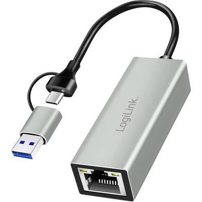 Ein silberfarbener Adapter von USB-C zu Ethernet, der den Anschluss an Netzwerke ohne integrierten Ethernet-Port ermöglicht.