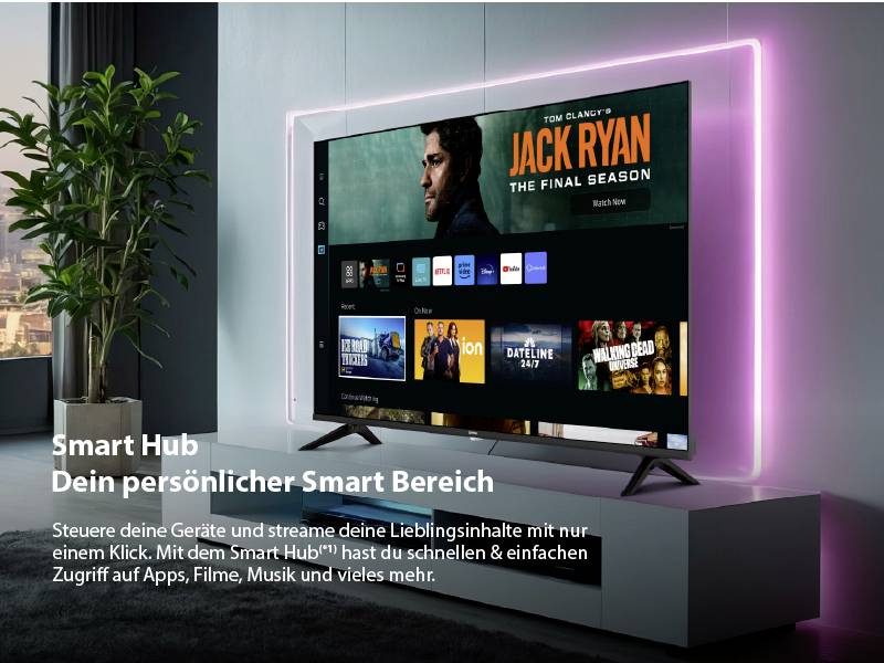 Ein Fernseher zeigt eine Benutzeroberfläche mit Streaming-Apps und der Anzeige 'Jack Ryan, The Final Season'. Text unten: 'Smart Hub, Dein persönlicher Smart Bereich'.