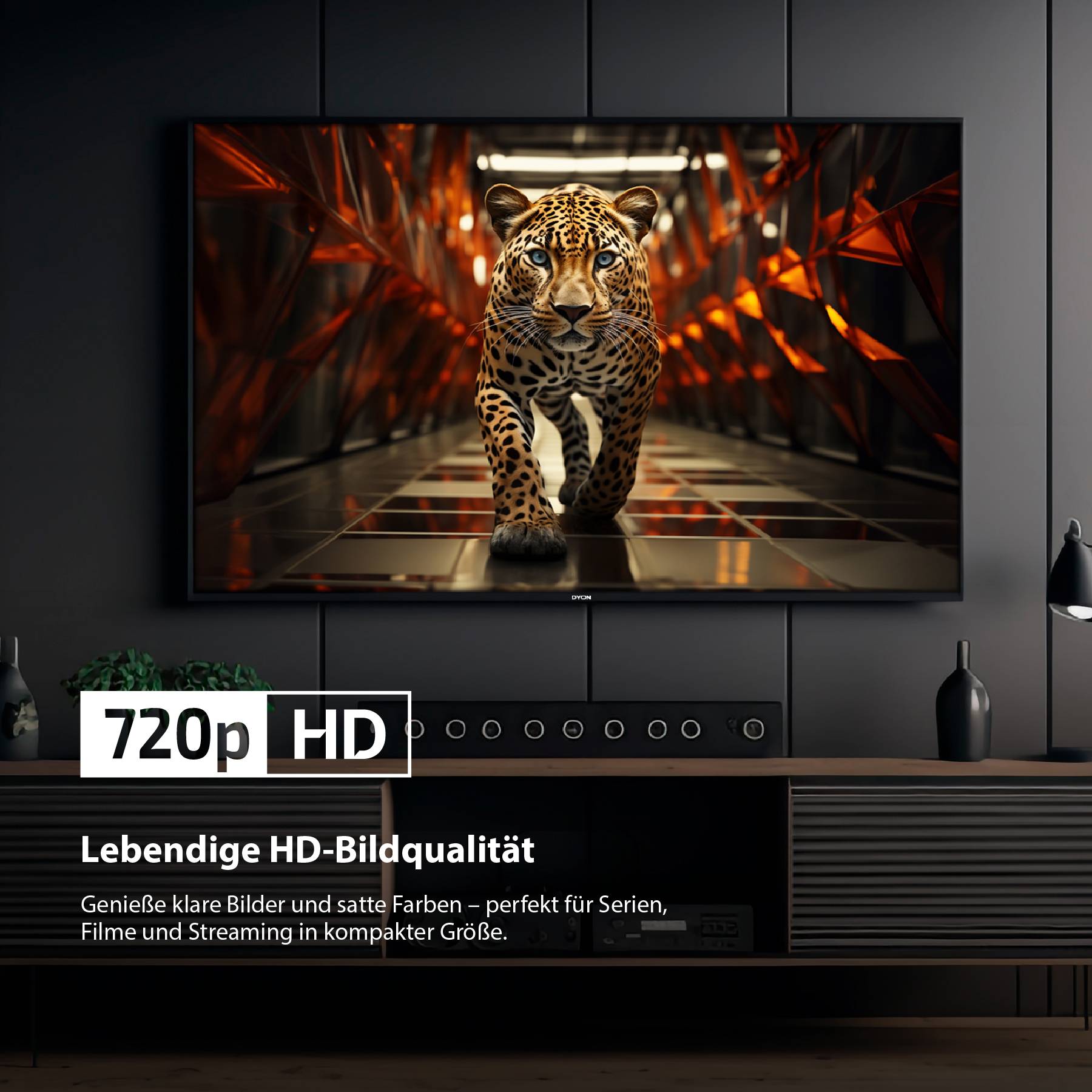 Ein Fernseher zeigt ein lebhaftes Bild eines Tigers, der in einem digitalen Tunnel läuft. Der Text darunter bewirbt die Auflösung "720p HD" für klare, leuchtende Bilder.