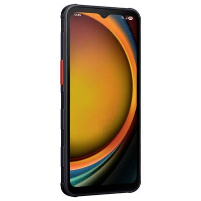 Robustes Smartphone mit großem Display, umgeben von einem schützenden schwarzen Gehäuse. Bildschirm zeigt ein abstraktes, buntes Muster.
