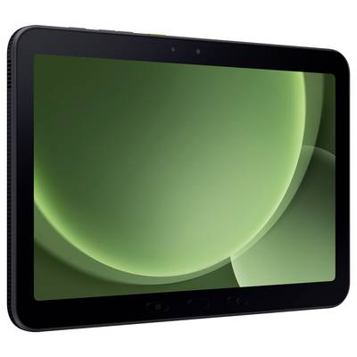 Ein Tablet mit schwarzem Rahmen und grünem Bildschirm zeigt eine Nahaufnahme eines modernen, schlanken Designs.