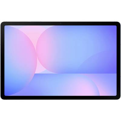 Ein Tablet mit schwarzem Rand zeigt ein pastellfarbenes, abstraktes Design in Rosa und Blau auf dem Bildschirm.