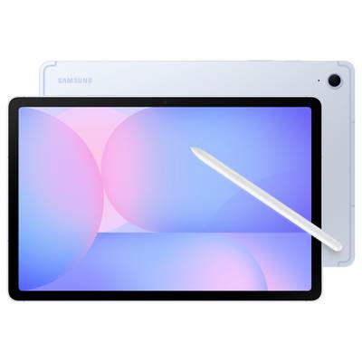 Ein Tablet mit einem Stift liegt diagonal darauf, mit einem Hintergrund in blauen und rosa Tönen. Oben links ist das Logo sichtbar.