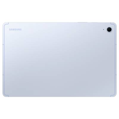 Ein silbernes Samsung-Tablet mit Kamera in der oberen rechten Ecke, Rückansicht.