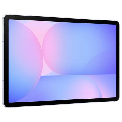 Ein Tablet mit einem großen Bildschirm zeigt ein abstraktes, farbenfrohes Muster in Blau- und Rosatönen.