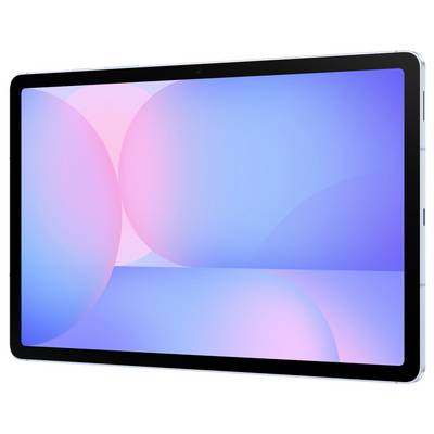 Tablet mit großem, glänzendem Bildschirm. Der Hintergrund zeigt ein abstraktes Design mit überlappenden rosa und blauen Kreisen.