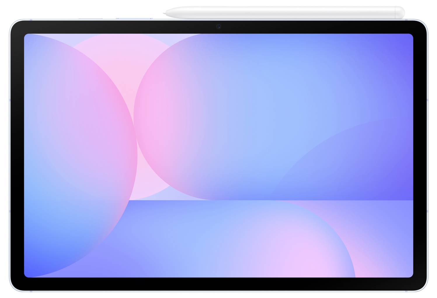 Ein Tablet mit einem digitalen Stift oben, Display zeigt ein abstraktes Design mit rosa und blauen Farbtönen.