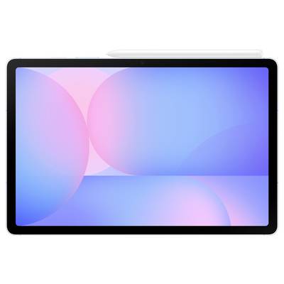 Ein Tablet mit einem digitalen Stift oben, Display zeigt ein abstraktes Design mit rosa und blauen Farbtönen.