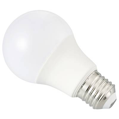 Eine weiße LED-Glühbirne mit silberner Schraubfassung ist leicht seitlich geneigt.