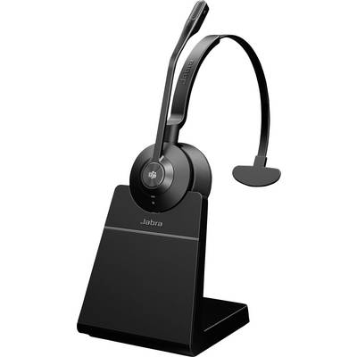 Ein schwarzes schnurloses Headset auf einem Ladegerät. Das Headset hat ein Ohrpolster und ein Mikrofonarm, geeignet für Bürokommunikation.