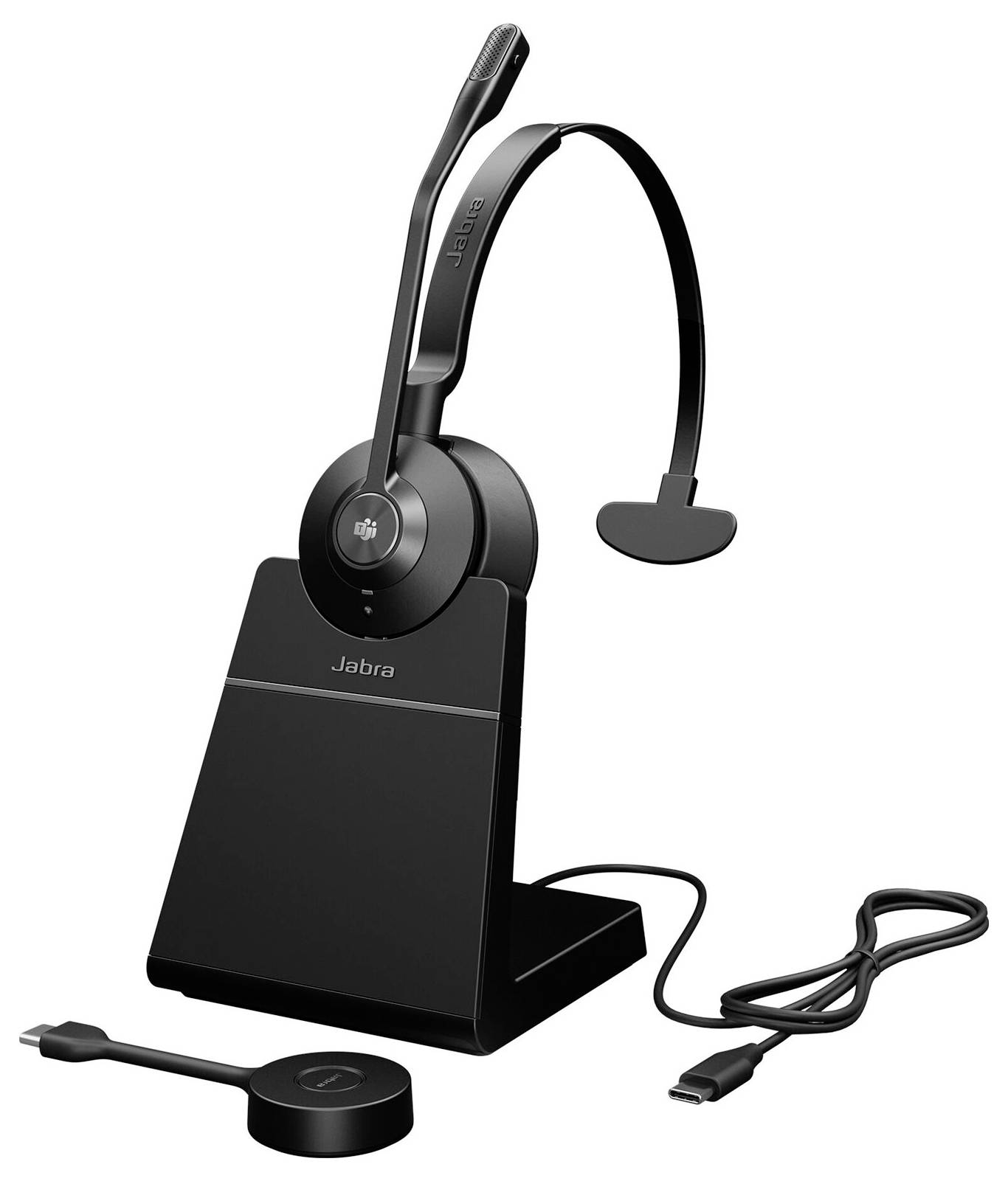 Schnurloses Headset mit Mikrofon auf Ladestation und Ladekabel. Ideal für Büroanwendungen und Telefonkonferenzen.