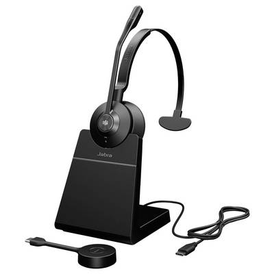 Schnurloses Headset mit Mikrofon auf Ladestation und Ladekabel. Ideal für Büroanwendungen und Telefonkonferenzen.