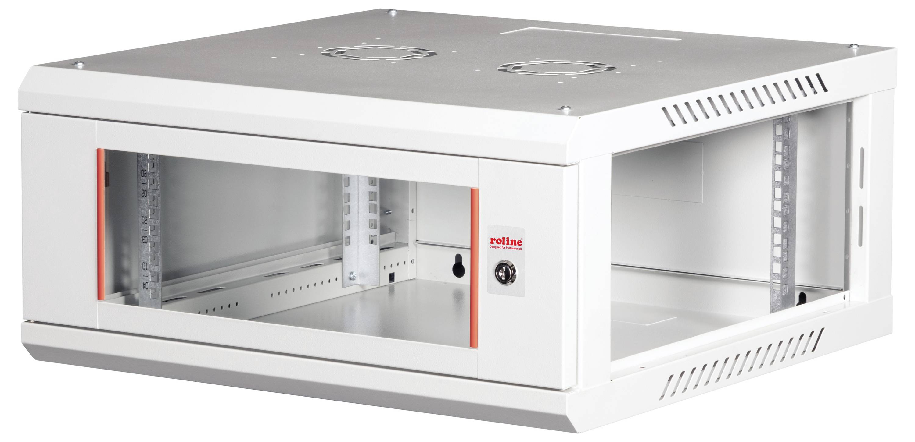 Ein kleiner, weißer Wandnetzwerkschrank mit Glastür und Lüftungsschlitzen an den Seiten, der zur Unterbringung elektronischer Geräte verwendet wird.