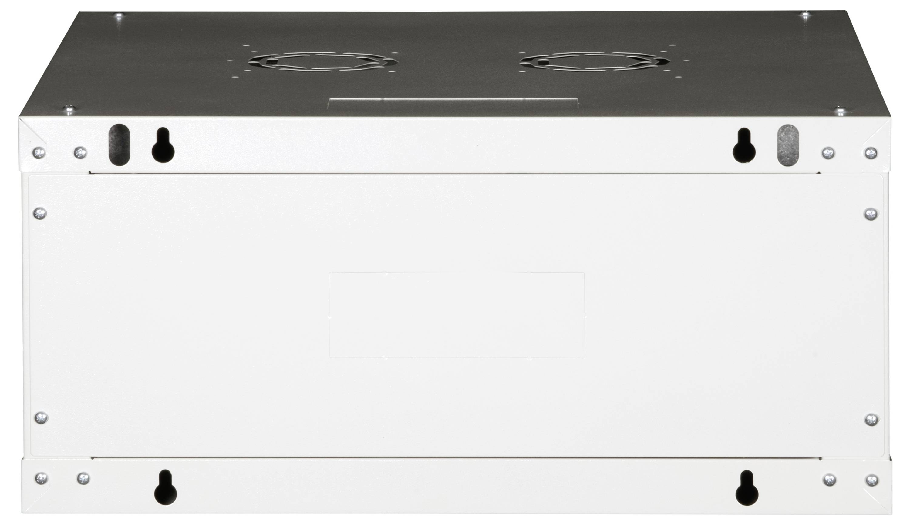 Eine rechteckige Metallbox, von hinten betrachtet, mit Lüftungslöchern und Montageschlitzen, offensichtlich für elektronische oder elektrische Zwecke vorgesehen.