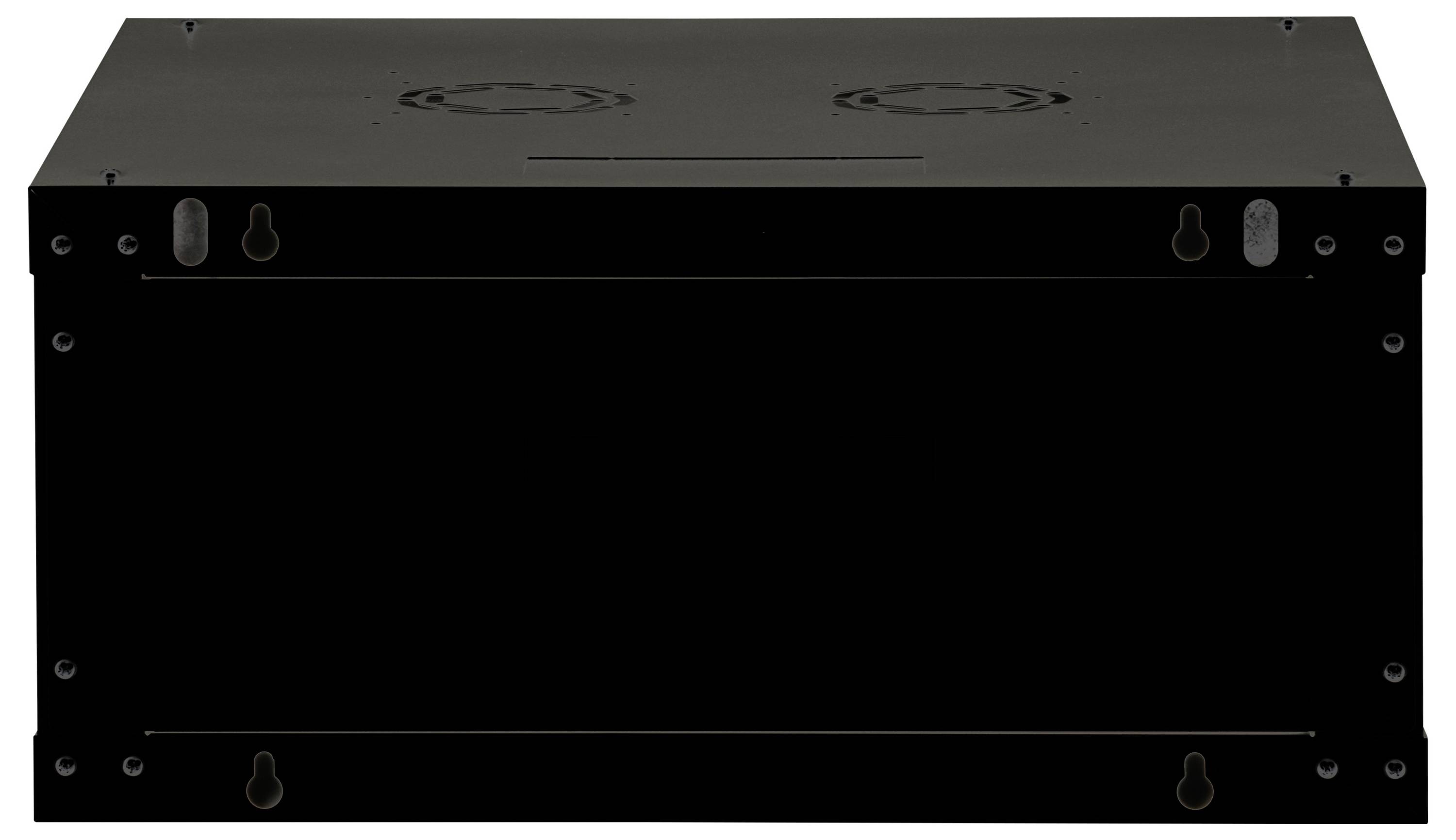 Eine schwarze rechteckige Metallbox mit sichtbaren Befestigungslöchern an der Vorder- und Oberseite, höchstwahrscheinlich ein Gehäuse für elektronische oder audiovisuelle Geräte.
