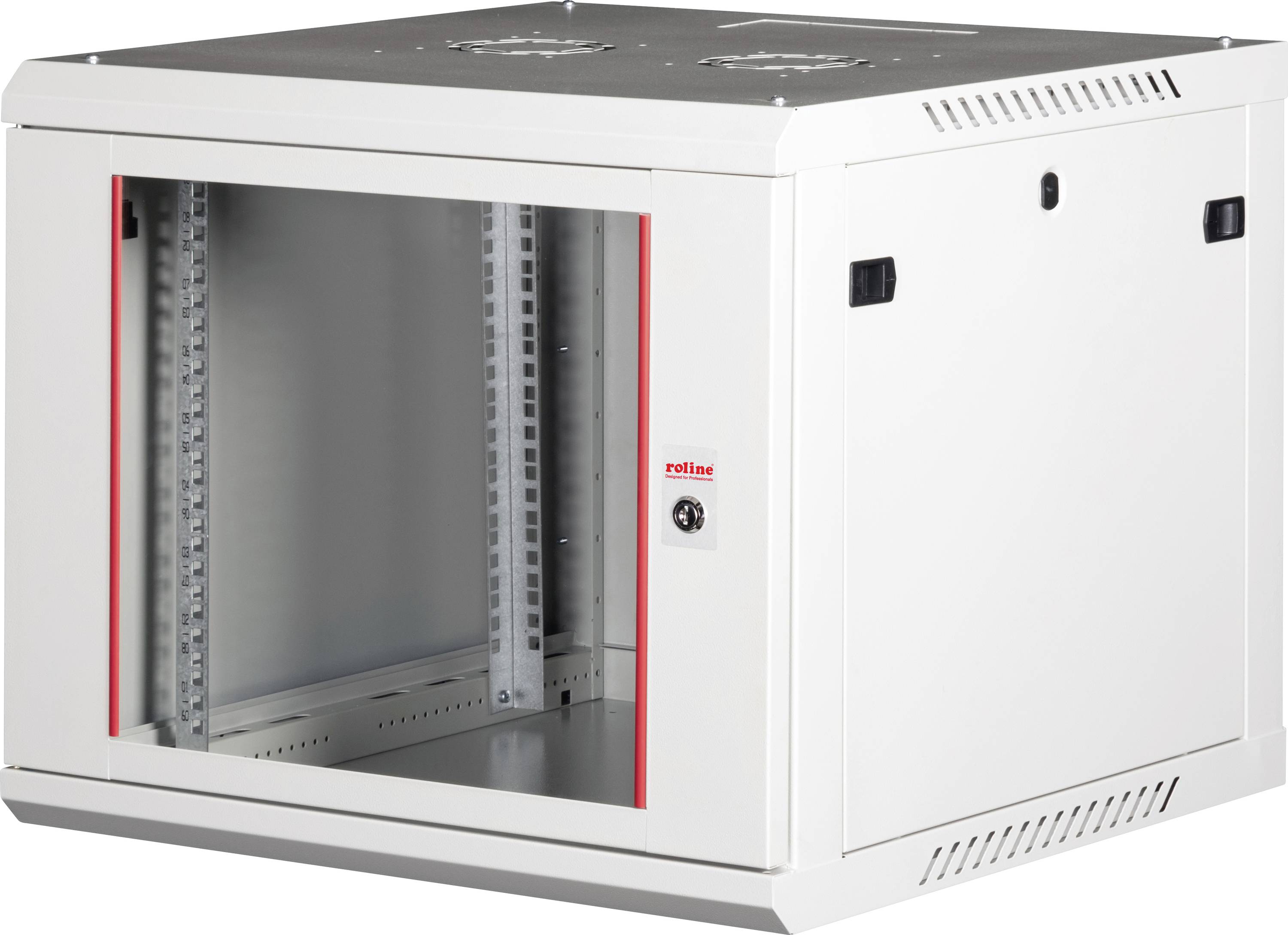 Ein weißer Serverrack-Schrank mit transparenter Fronttür, belüfteten Seitenpanels und einem Schloss, der zur Unterbringung von Netzwerkausrüstung verwendet wird.