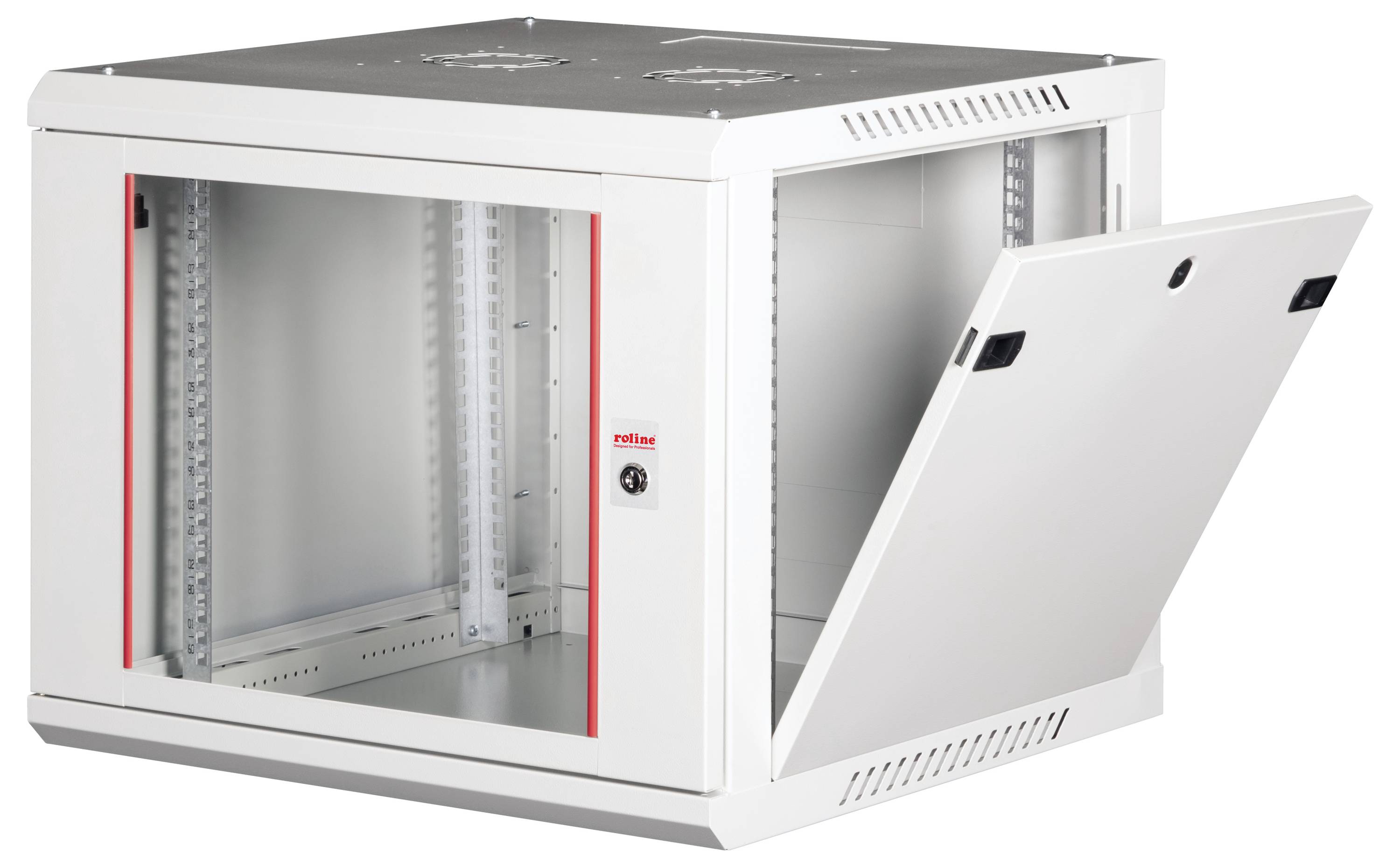 Ein weißes Metallserver-Rack zur Wandmontage mit transparentem Seitenfenster und offener Fronttür, geeignet zur Aufnahme elektronischer Geräte.