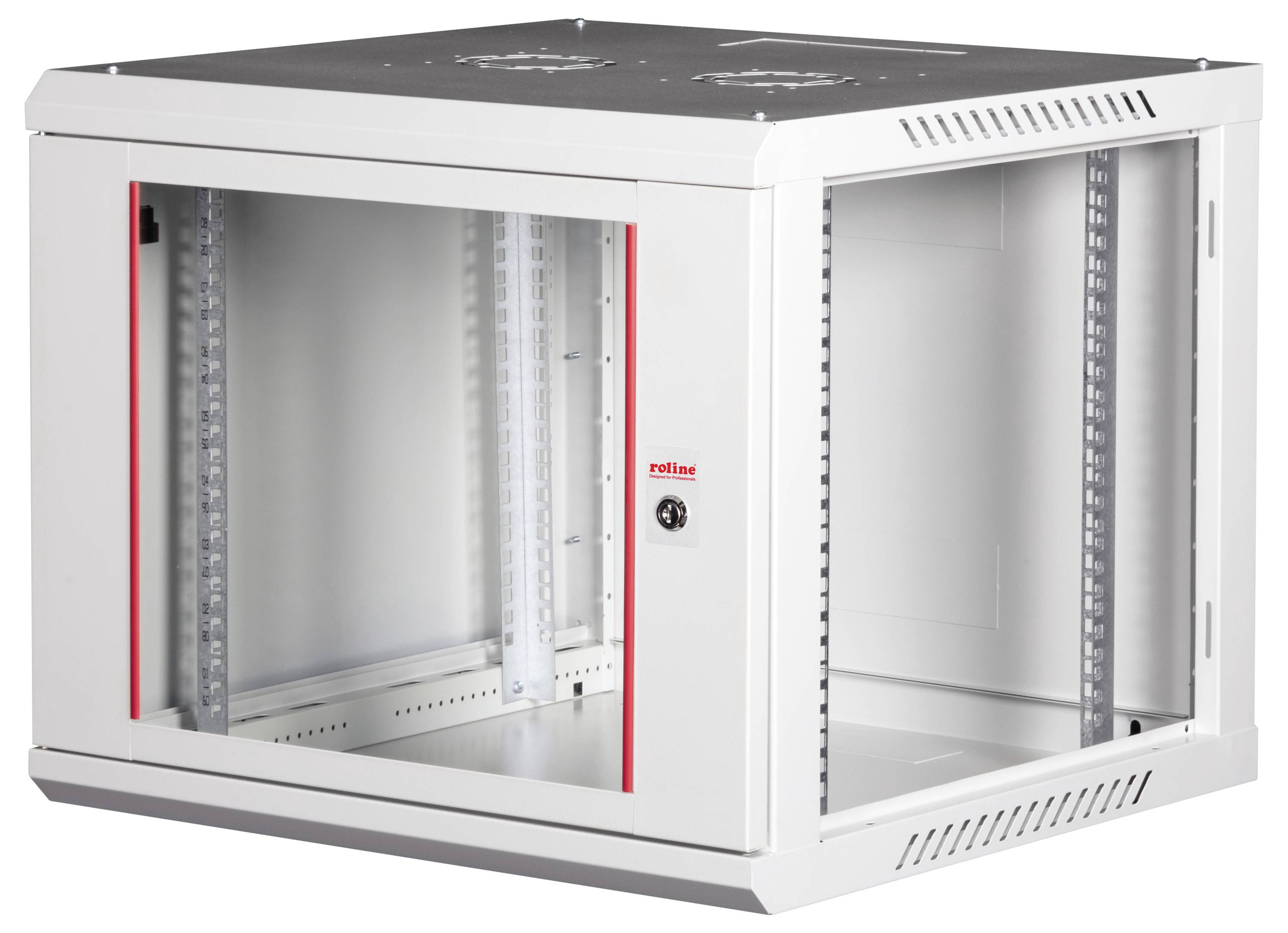 Ein weißer Server-Schrank mit transparenten Türen und einer seitlichen Belüftungsöffnung, geeignet für die Aufbewahrung von Netzwerkausrüstung.